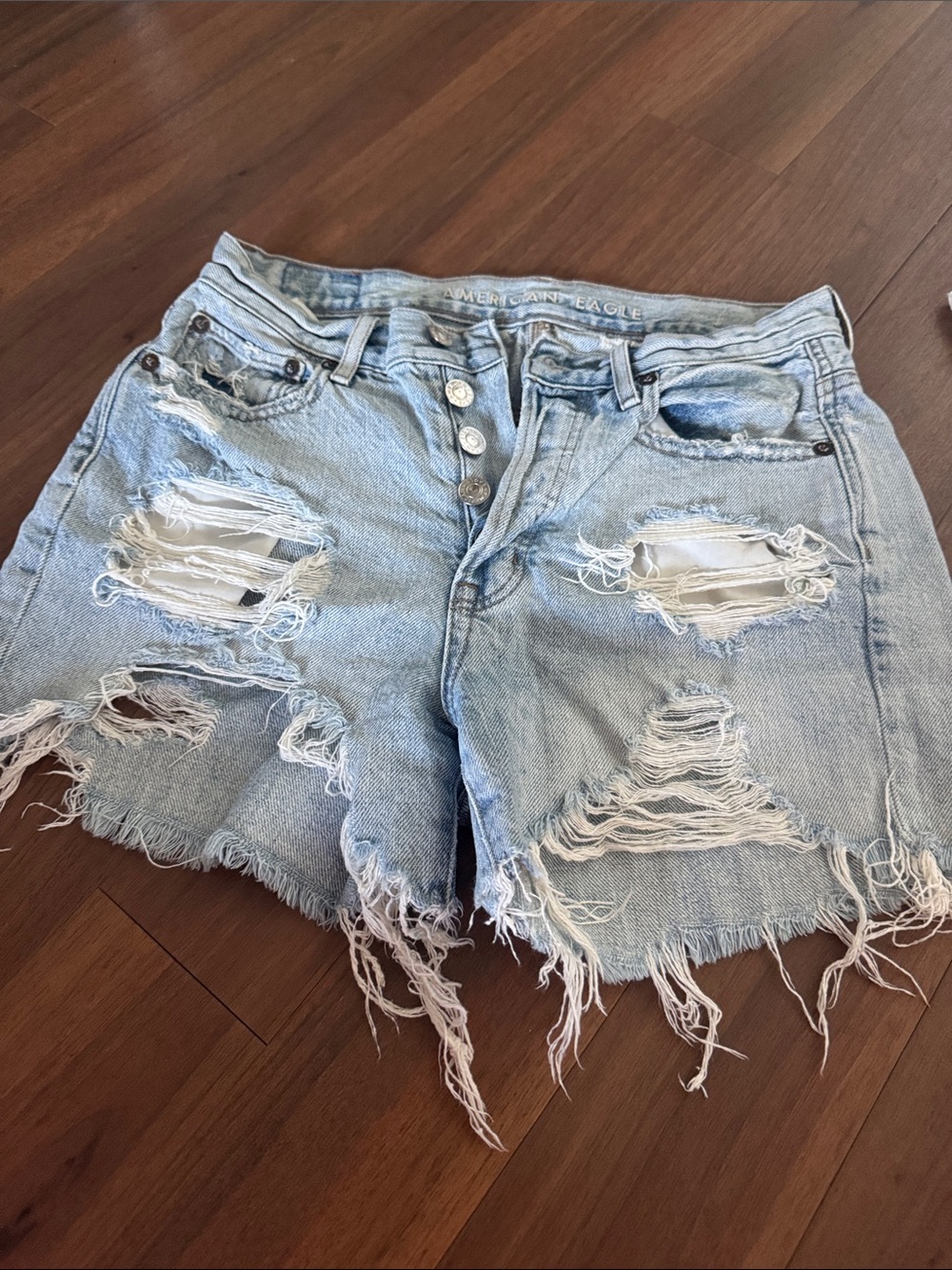 American Eagle Light Blue Distressed High-Rise Denim Cutoff Shorts